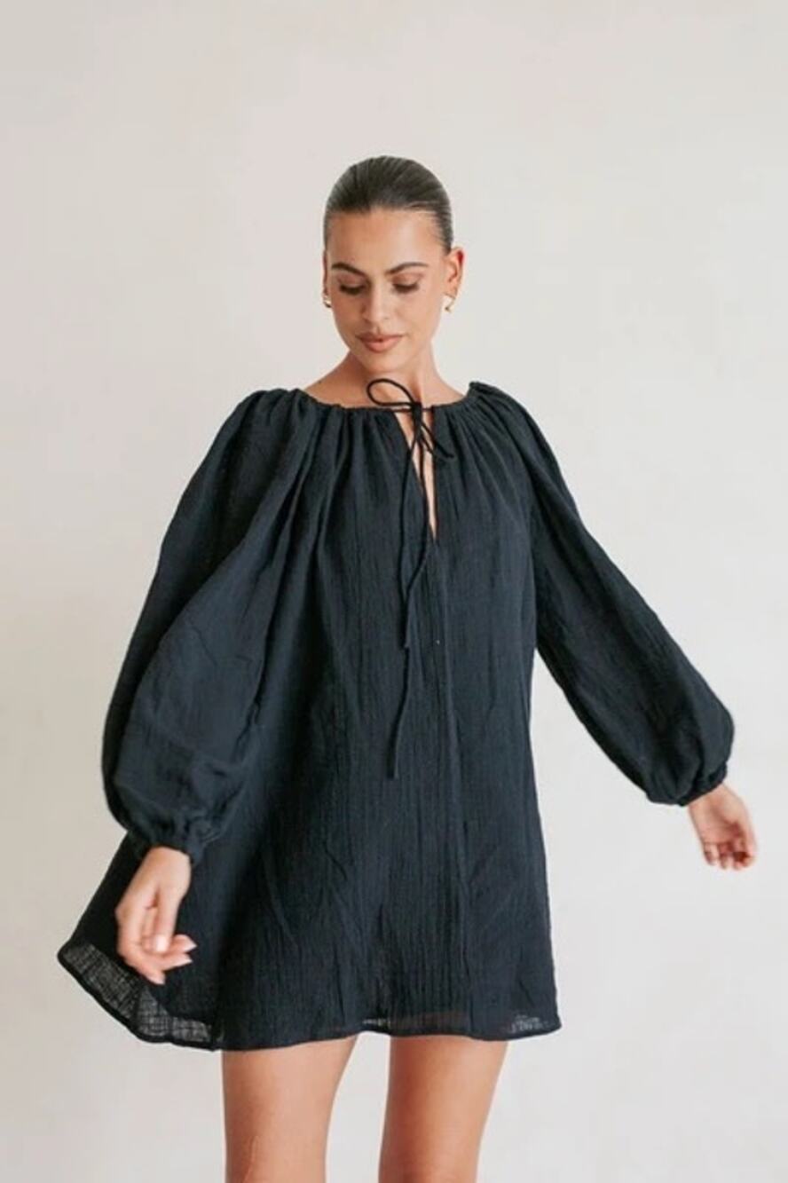 NWT Sabo Black Long Sleeve Mini Dress 8 Boho Scoop Back Adjustable Neckline